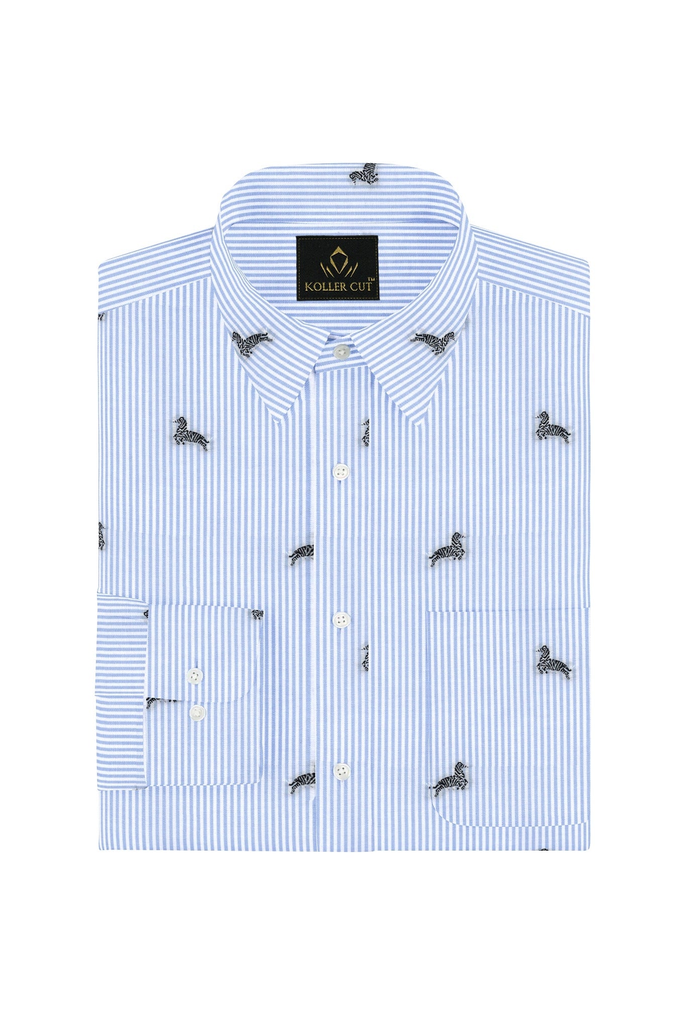 White with Carolina Blue and Black Pinstripes Jacquard Zebra Print Egyptian Giza Coton Shirt