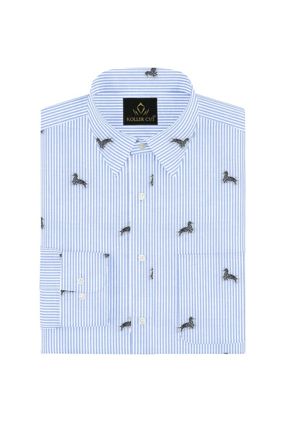 White with Carolina Blue and Black Pinstripes Jacquard Zebra Print Egyptian Giza Coton Shirt