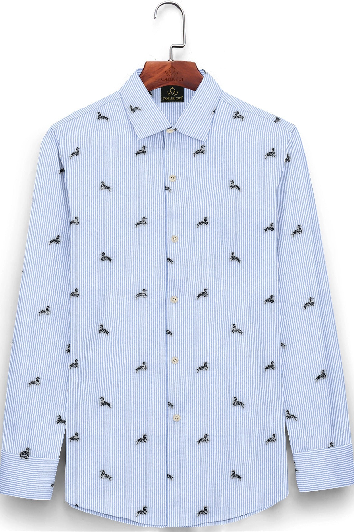 White with Carolina Blue and Black Pinstripes Jacquard Zebra Print Egyptian Giza Coton Shirt