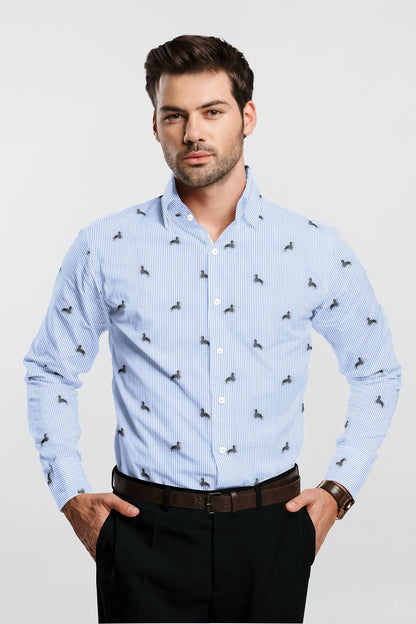 White with Carolina Blue and Black Pinstripes Jacquard Zebra Print Egyptian Giza Coton Shirt