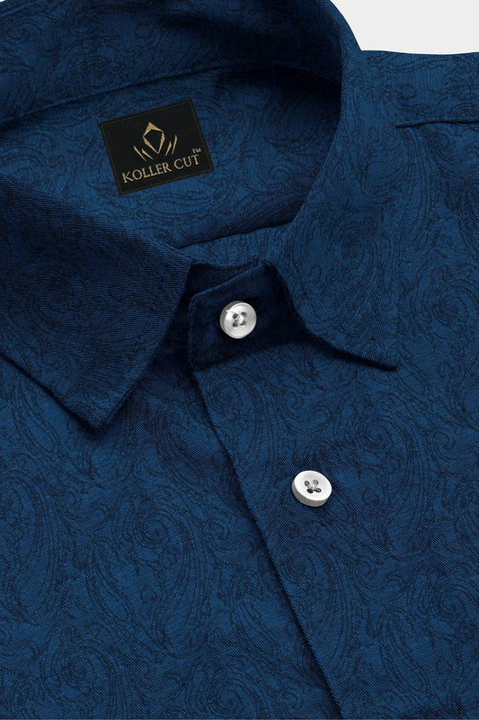 Limoges Blue and Sable Black Paisley Jacquard Print Giza Cotton Shirt