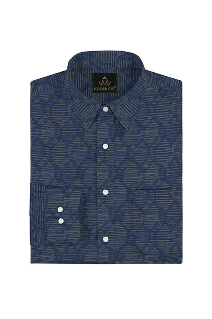 Galaxy Blue and Beige Hexagon Jaquard Print Giza Cotton Shirt