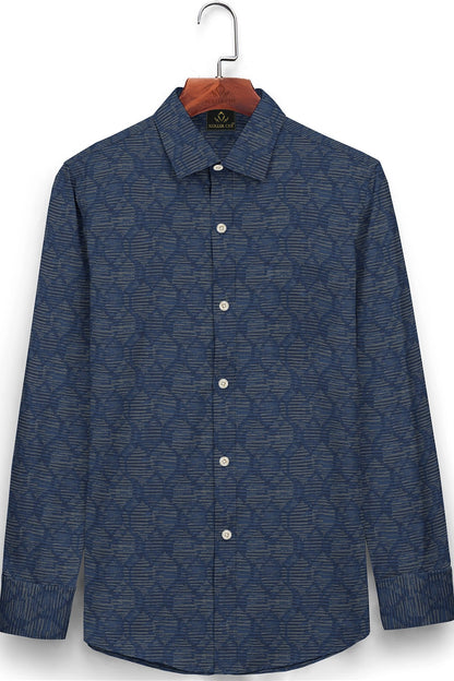 Galaxy Blue and Beige Hexagon Jaquard Print Giza Cotton Shirt
