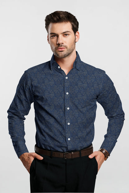 Galaxy Blue and Beige Hexagon Jaquard Print Giza Cotton Shirt