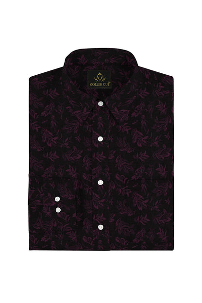 Black and Magenta Purple Sisyrinchium Plant Jacquard Print Giza Cotton Shirt