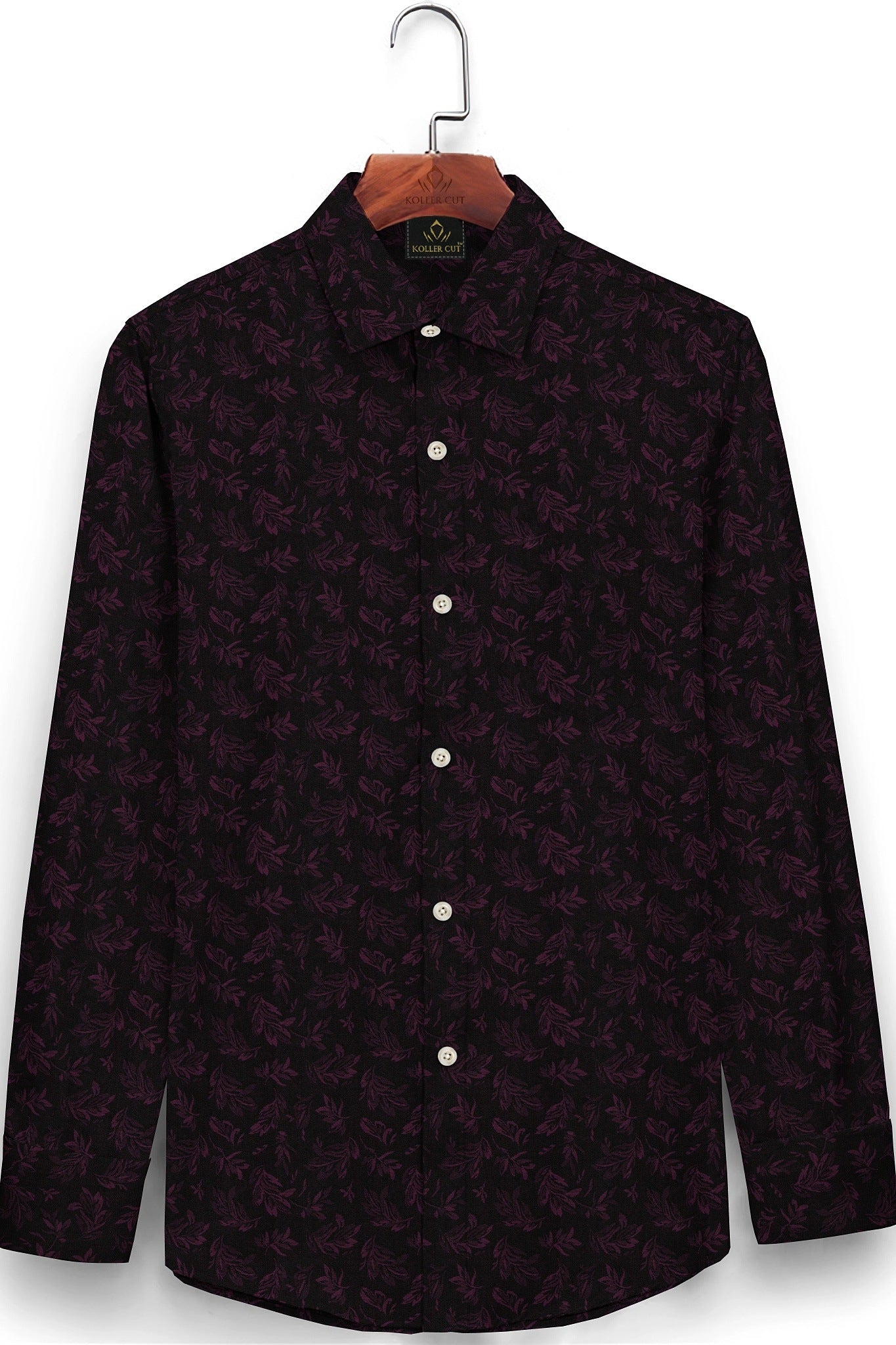 Black and Magenta Purple Sisyrinchium Plant Jacquard Print Giza Cotton Shirt