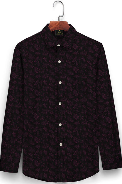 Black and Magenta Purple Sisyrinchium Plant Jacquard Print Giza Cotton Shirt
