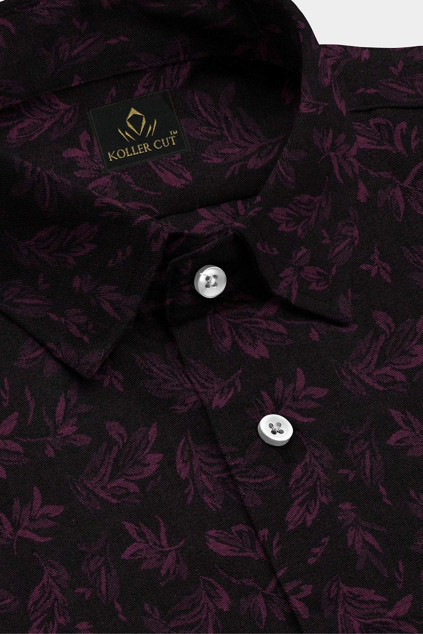 Black and Magenta Purple Sisyrinchium Plant Jacquard Print Giza Cotton Shirt