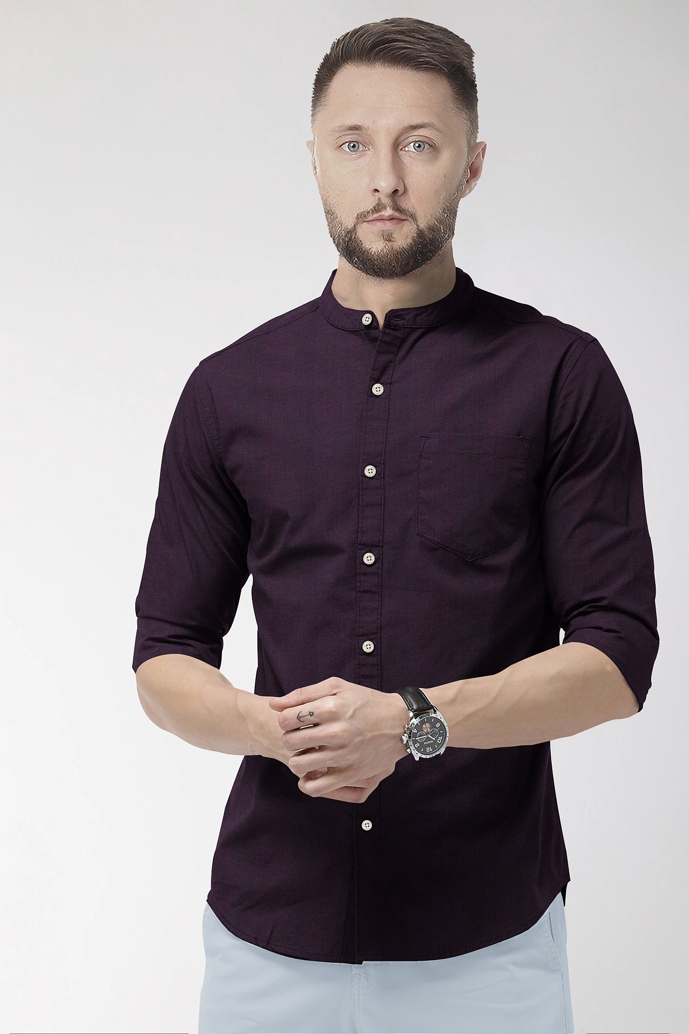 Wine Mandarin Collar Luxurious linen shirt