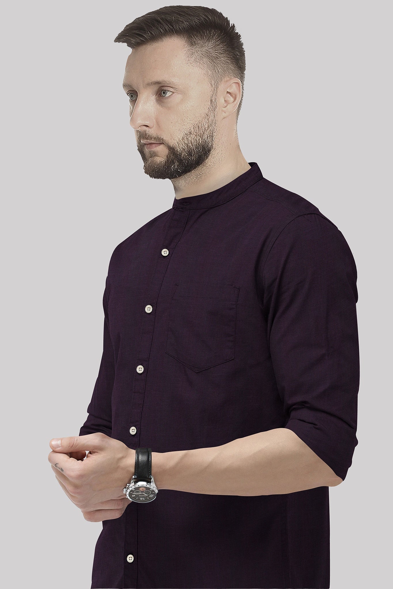 Wine Mandarin Collar Luxurious linen shirt