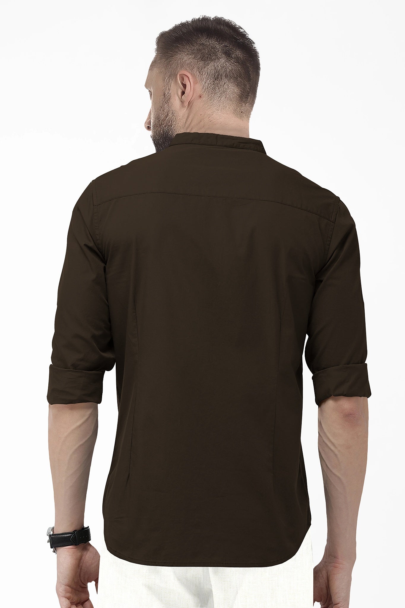 Coffee Brown Mandarin Collar Giza Cotton Shirt