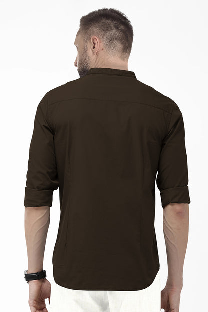Coffee Brown Mandarin Collar Giza Cotton Shirt