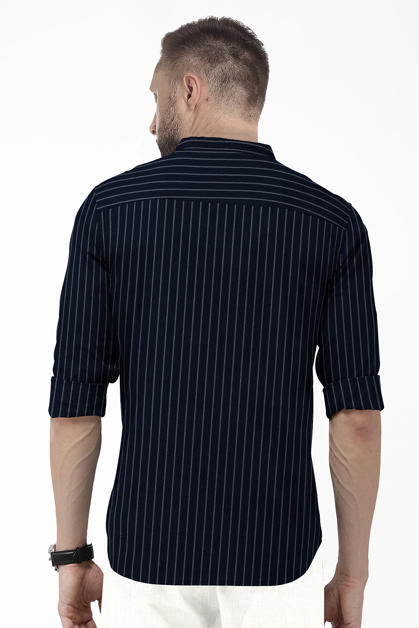 Oxford Blue and Smoke White Stripes Oxford Mandarin Collar Cotton Shirt