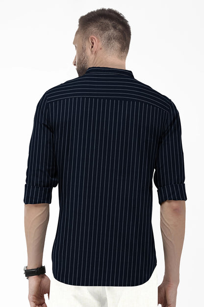 Oxford Blue and Smoke White Stripes Oxford Mandarin Collar Cotton Shirt