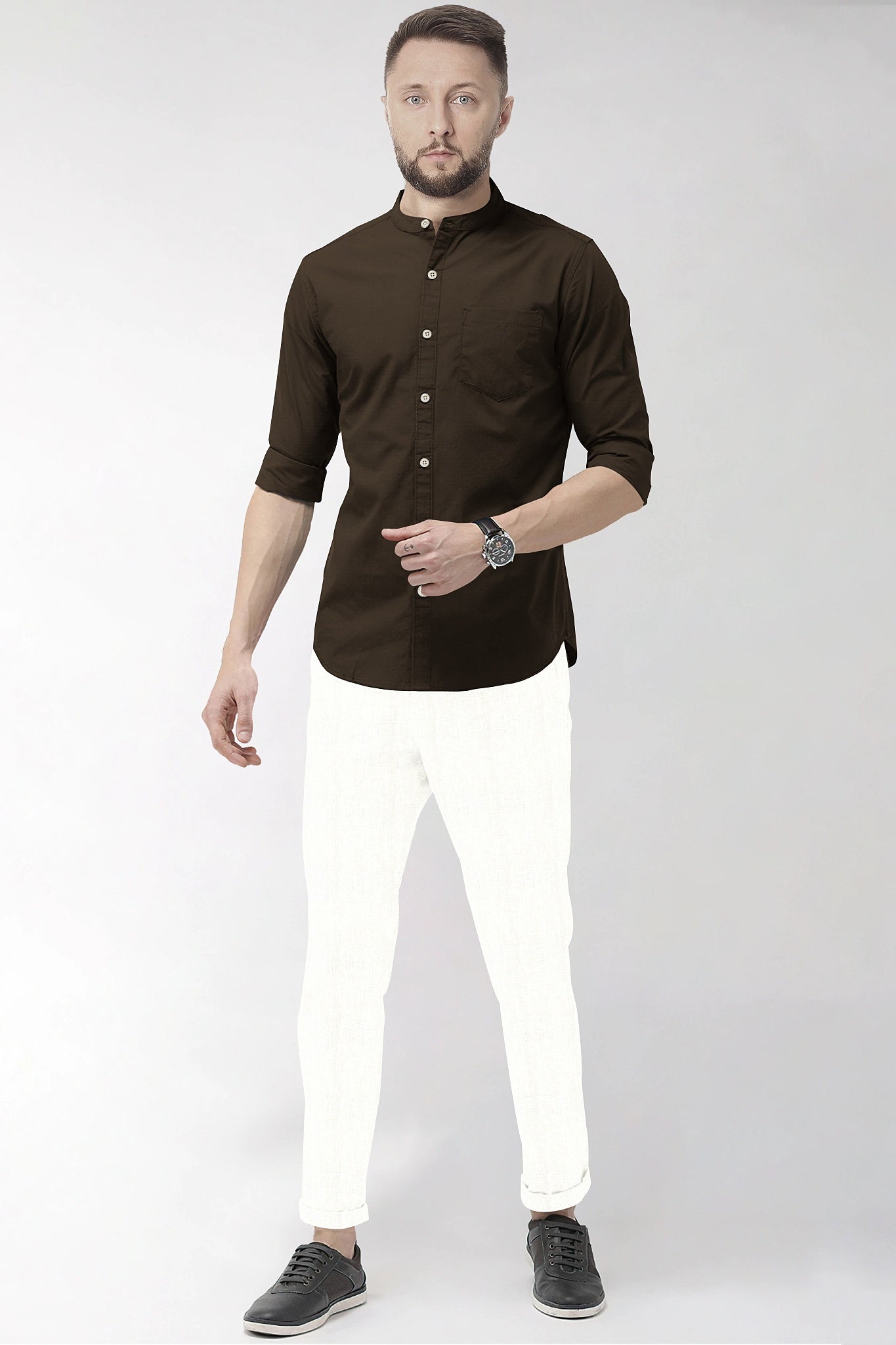 Coffee Brown Mandarin Collar Giza Cotton Shirt