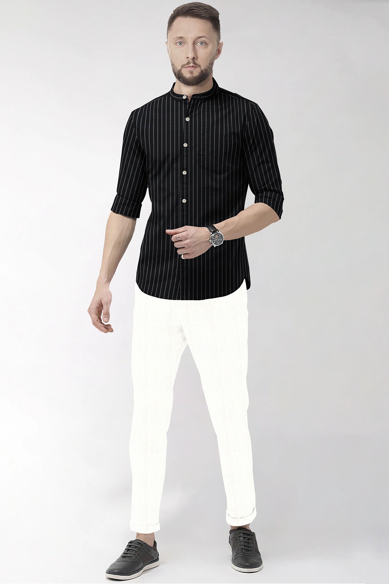 Ebony Black and Smoke White Stripes Oxford Mandarin Collar Cotton Shirt