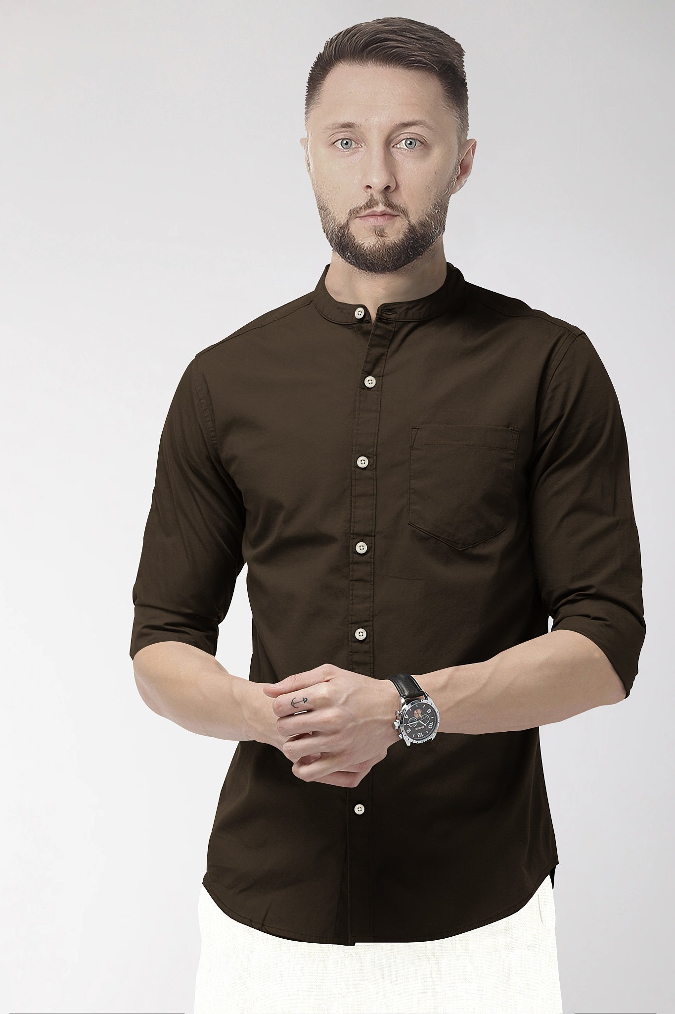 Coffee Brown Mandarin Collar Giza Cotton Shirt