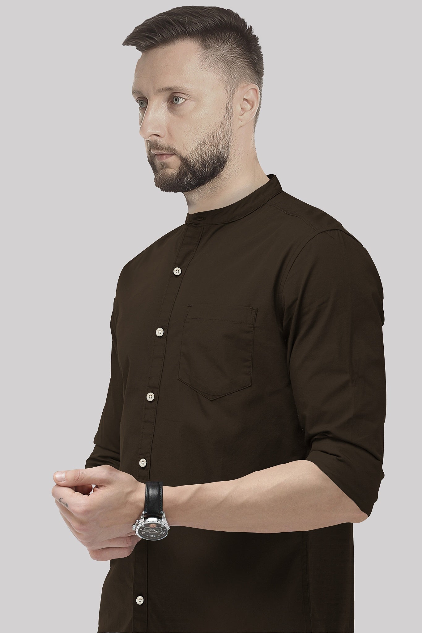Umber Brown Mandarin Collar Men's Giza Cotton Shirt
