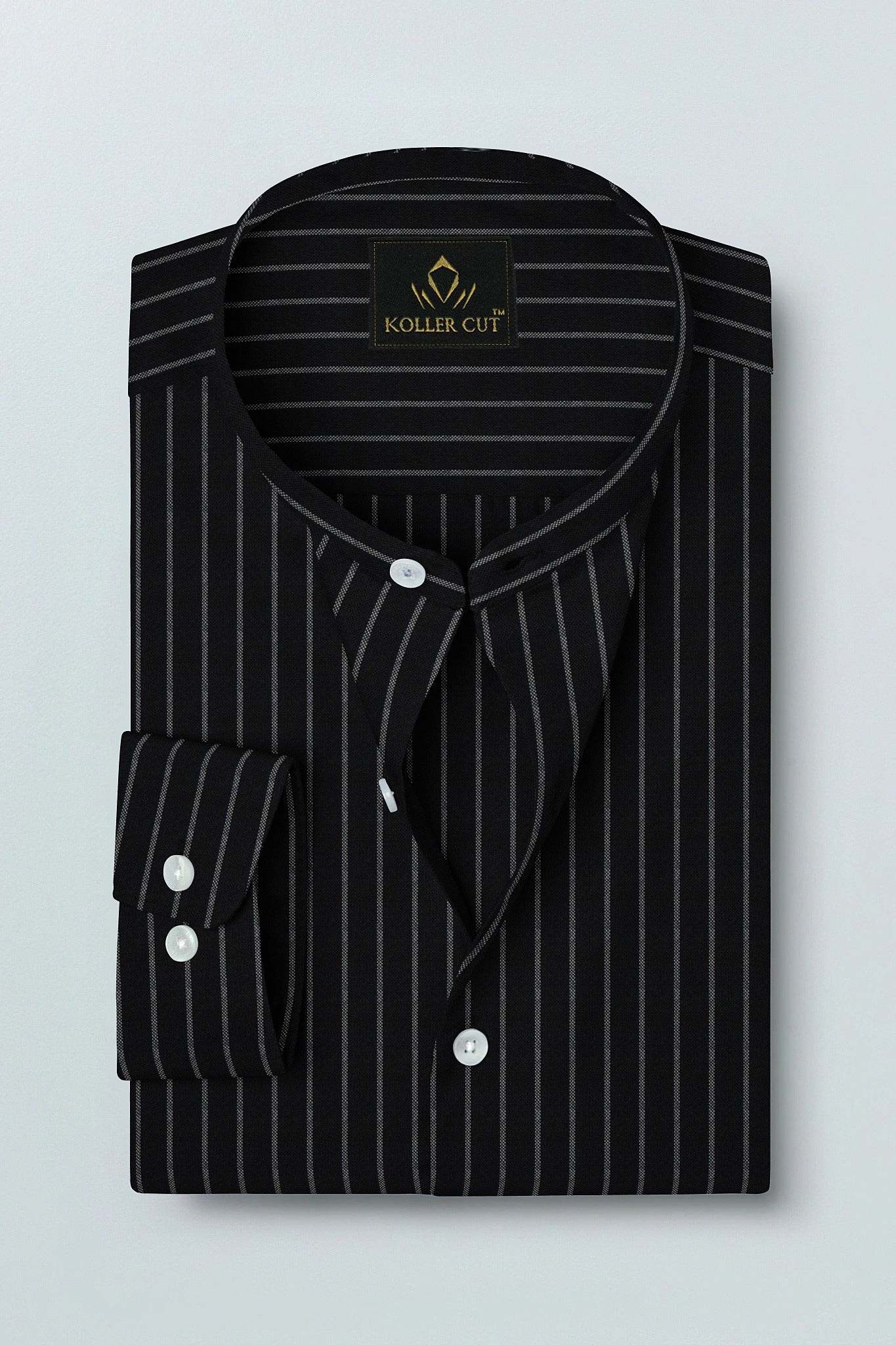Ebony Black and Smoke White Stripes Oxford Mandarin Collar Cotton Shirt
