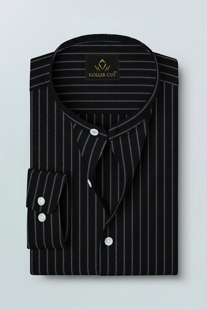 Ebony Black and Smoke White Stripes Oxford Mandarin Collar Cotton Shirt