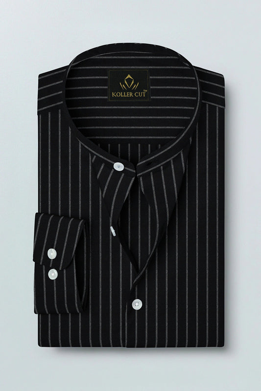 Ebony Black and Smoke White Stripes Oxford Mandarin Collar Cotton Shirt