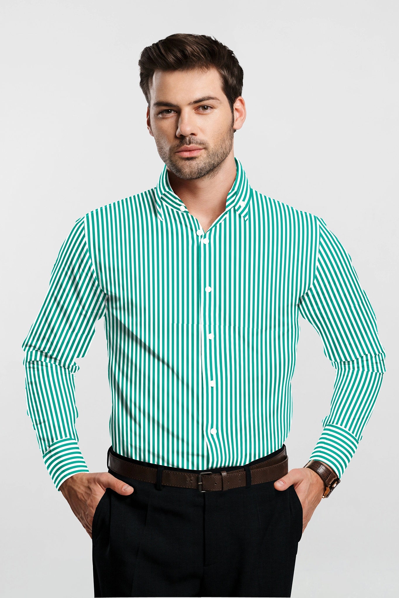 White and Seafoam Green Candy Stripes Cotton Shirt Best Stripes Shirt in India