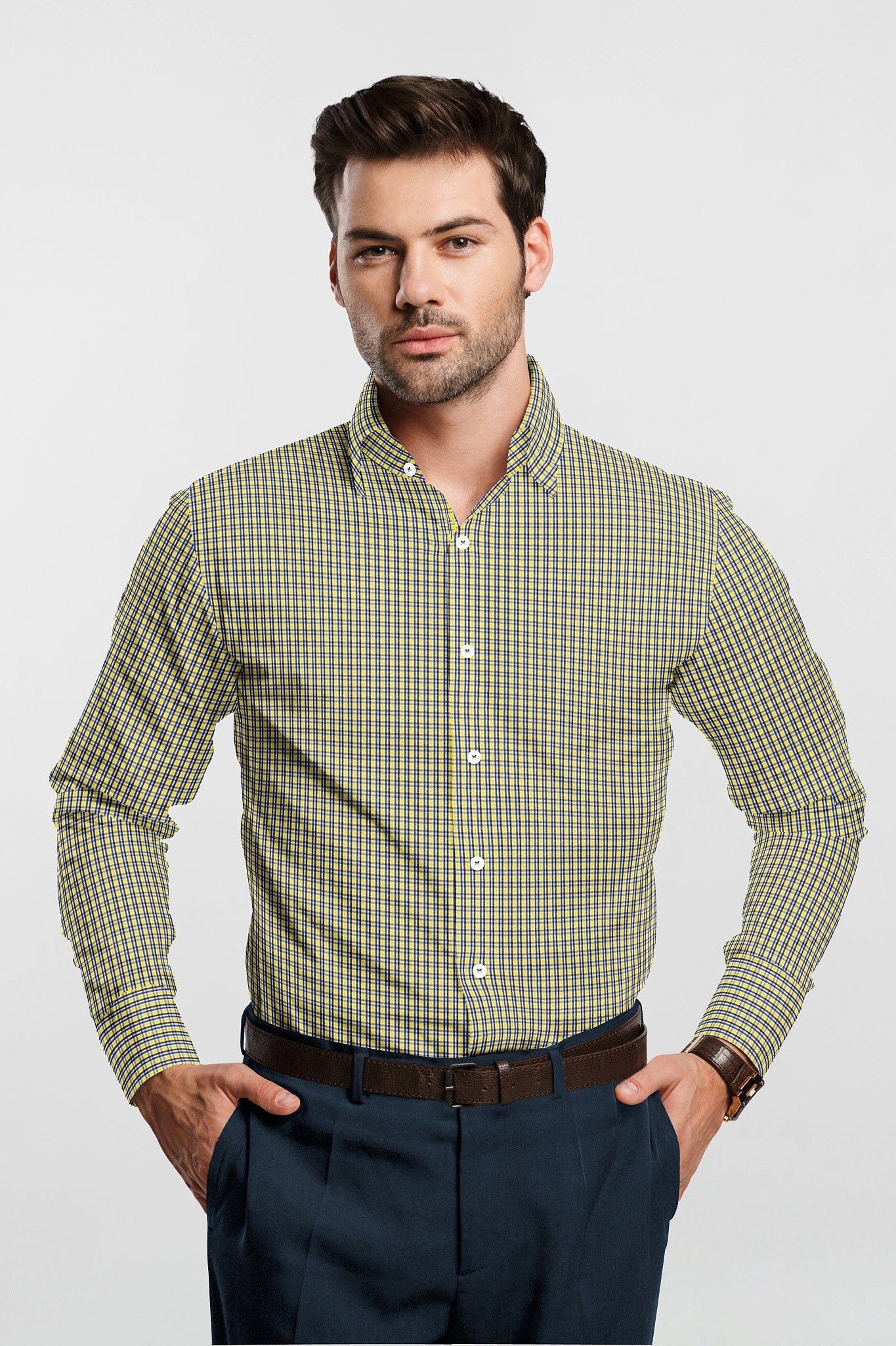 White and Dandelion Yellow and Campanula Blue Checks Cotton Shirt-Plus Size Shirt in India