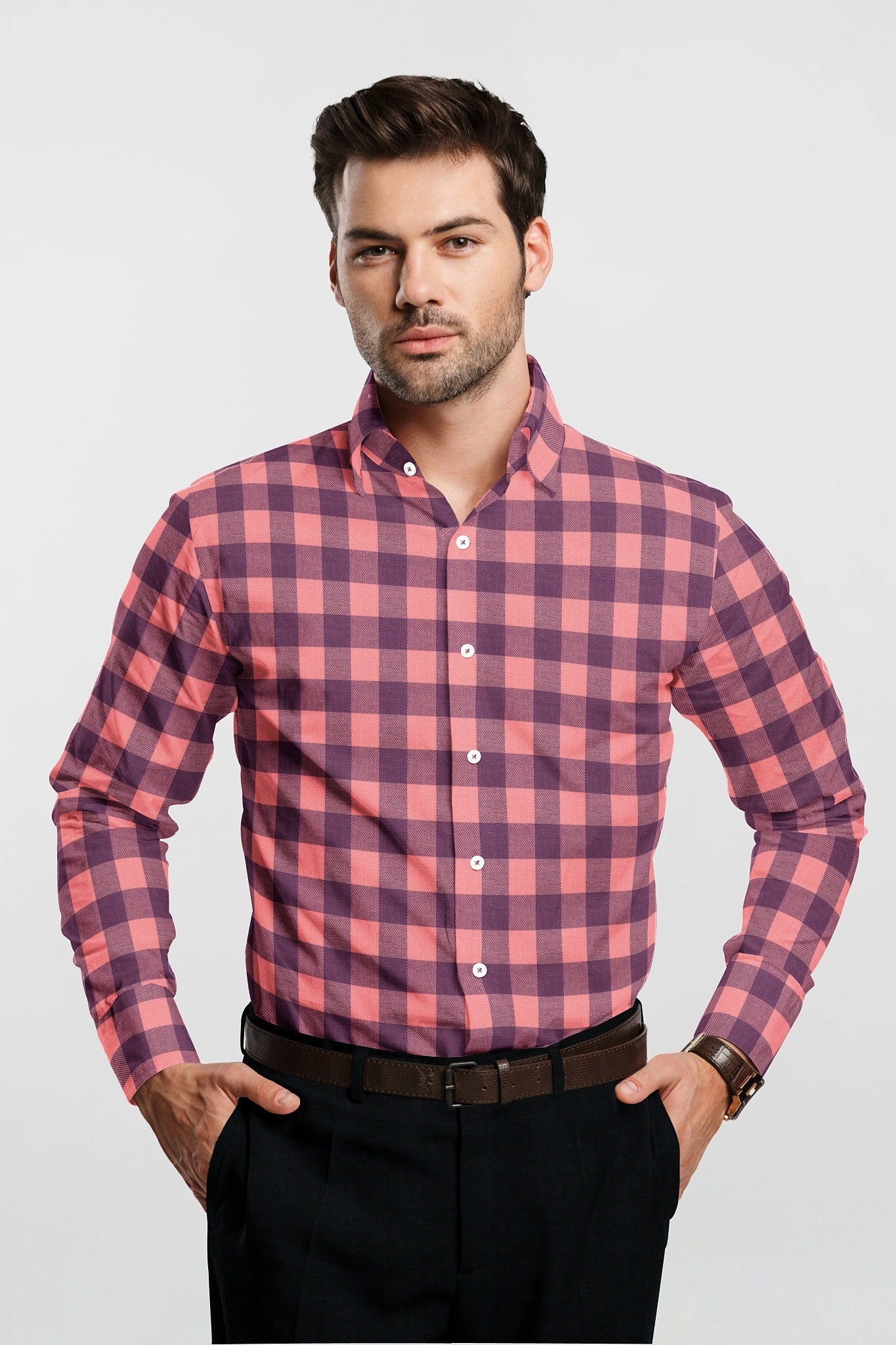 Salmon Pink and Wine Purple Checks Cotton Flannel Shirt