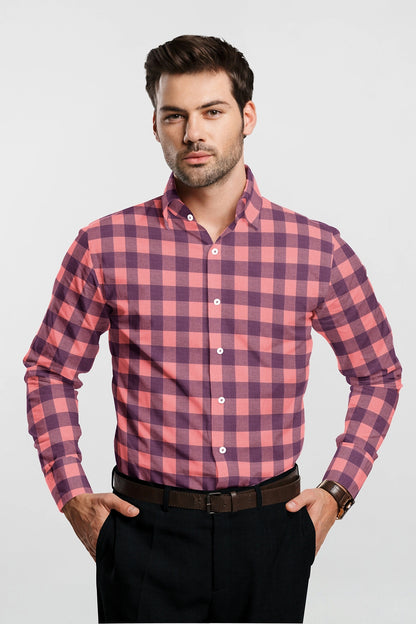Salmon Pink and Wine Purple Checks Cotton Flannel Shirt