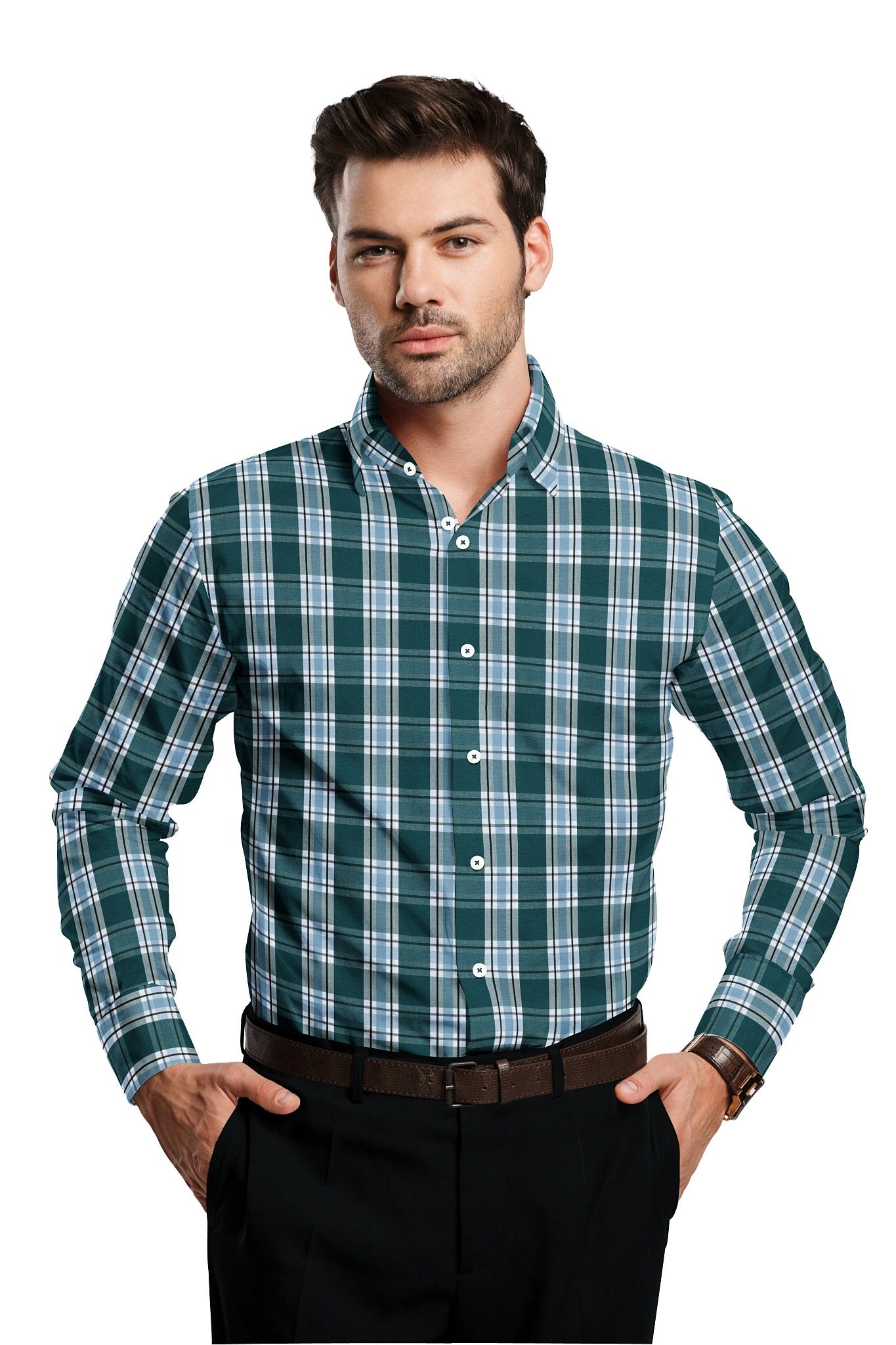 Kollercut-White with  Agate Green and Omphalodes Blue Checks Cotton Shirt