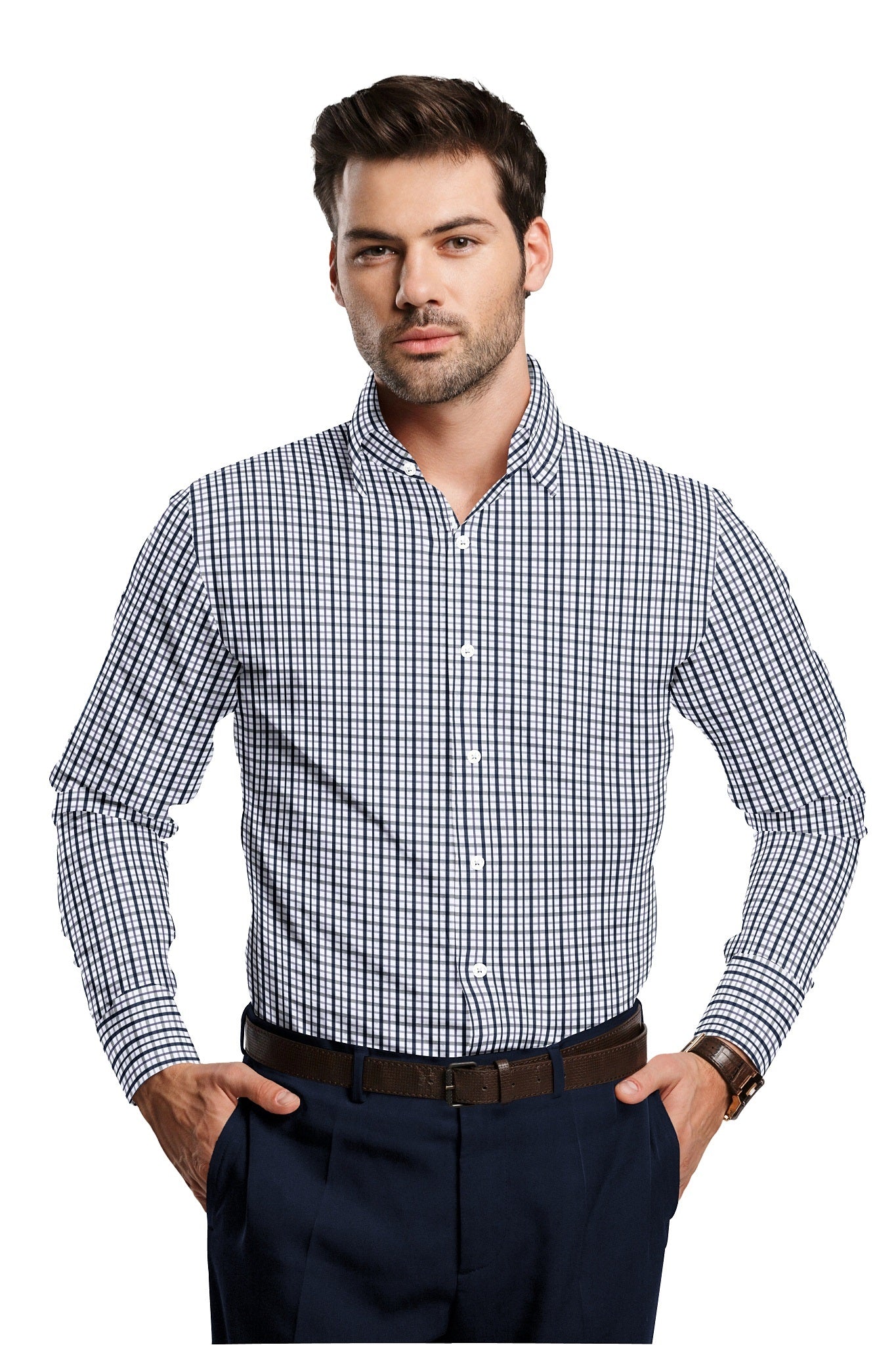 White with Medieval Blue and Pansy Purple Checks Cotton Shirt Office Wear Cotton Shirt Formal Shirts