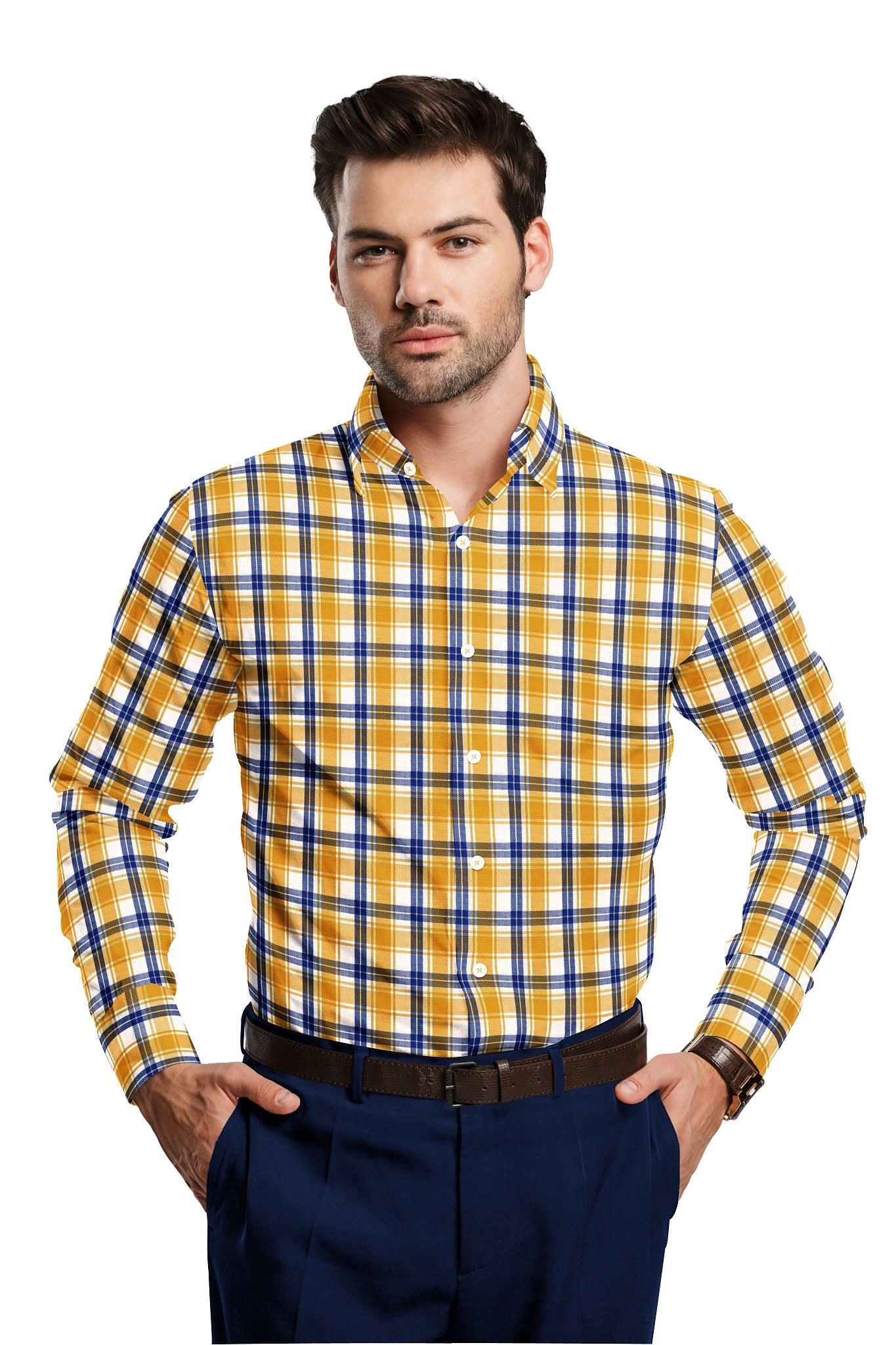 White with Zinnia Yellow and Limoges Blue Checks Cotton Shirt