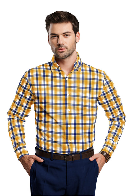 White with Zinnia Yellow and Limoges Blue Checks Cotton Shirt