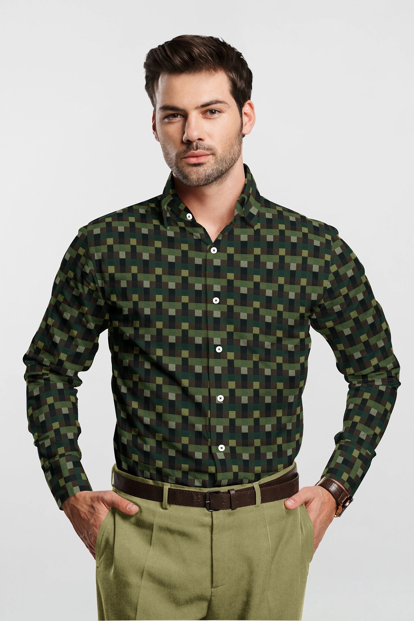 Avocado Green with Black and Coffee Brown Multicolored Checks Premium Cotton Shirt - Custom Shirts Online in Delhi