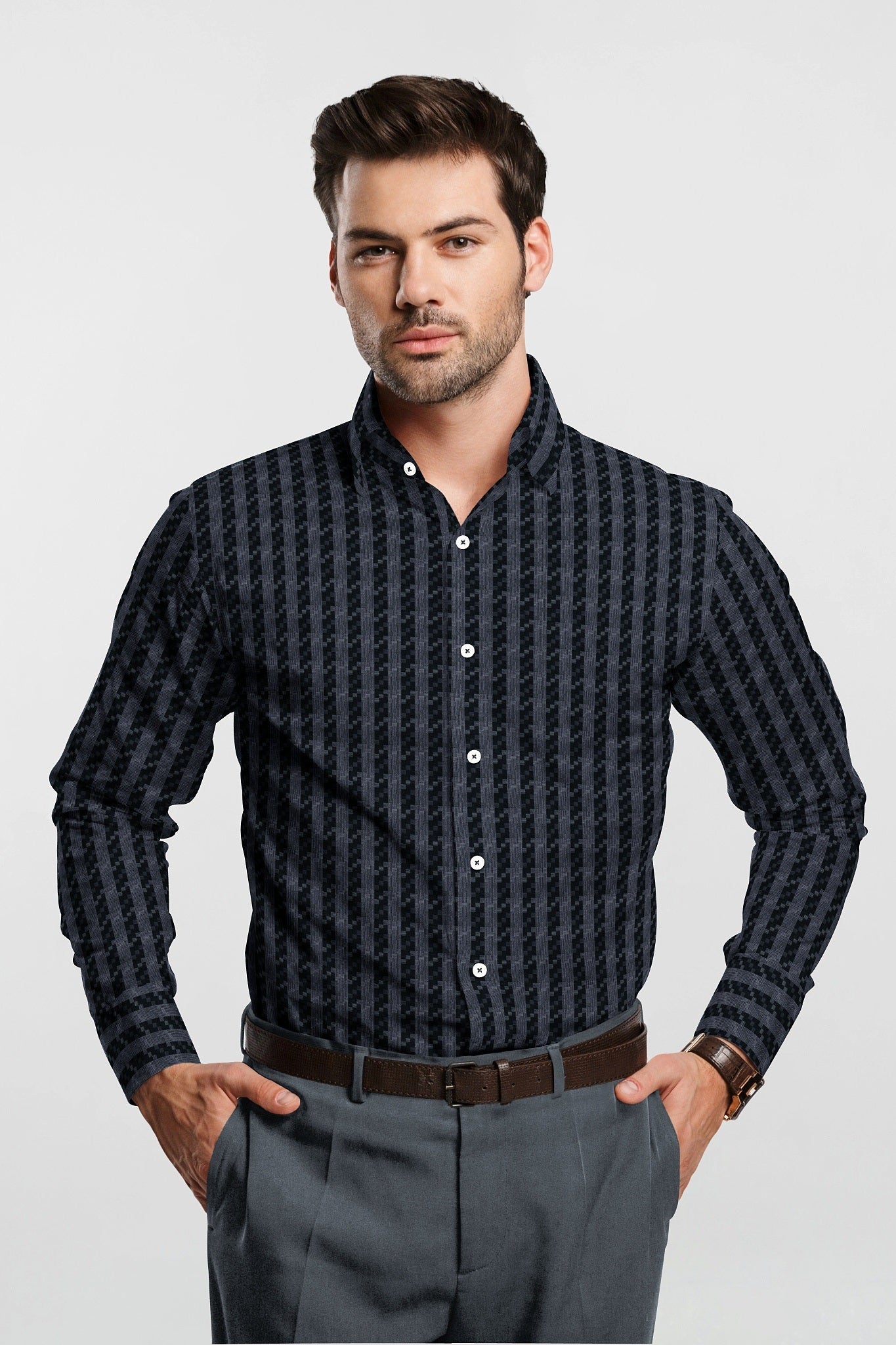 Jet Black and Titanium Gray Jacquard Stripes Egyptian Giza Cotton Shirt