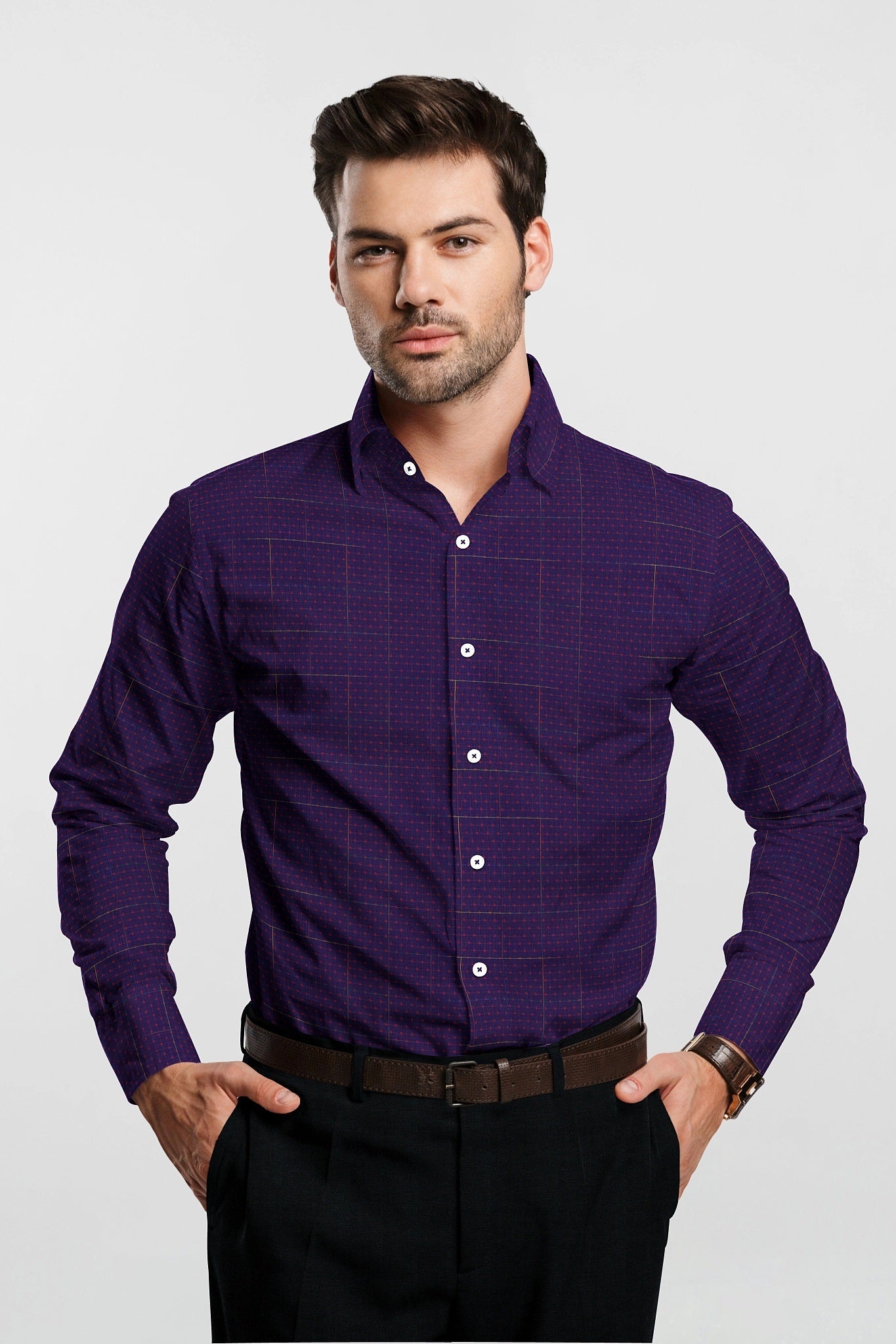 Violet Purple and Hibiscus Red Dot Jacquard Checks Premium Egyptian Giza Cotton Shirt