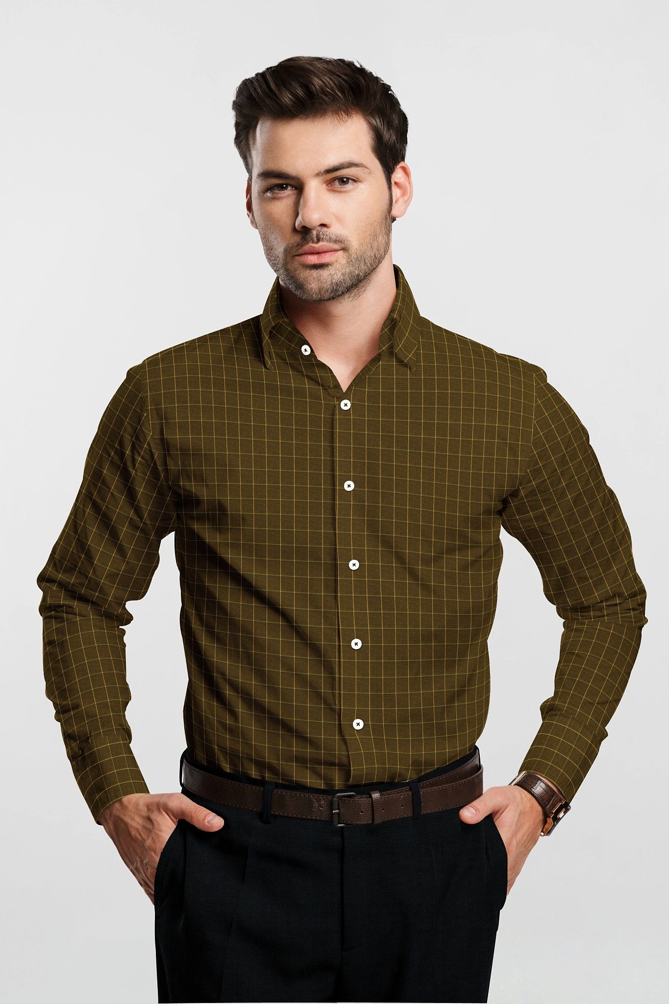 Golden Brown with Elfin Yellow and Estate Blue Jacquard Checks Cotton Shirt