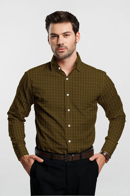 Golden Brown with Elfin Yellow and Estate Blue Jacquard Checks Cotton Shirt