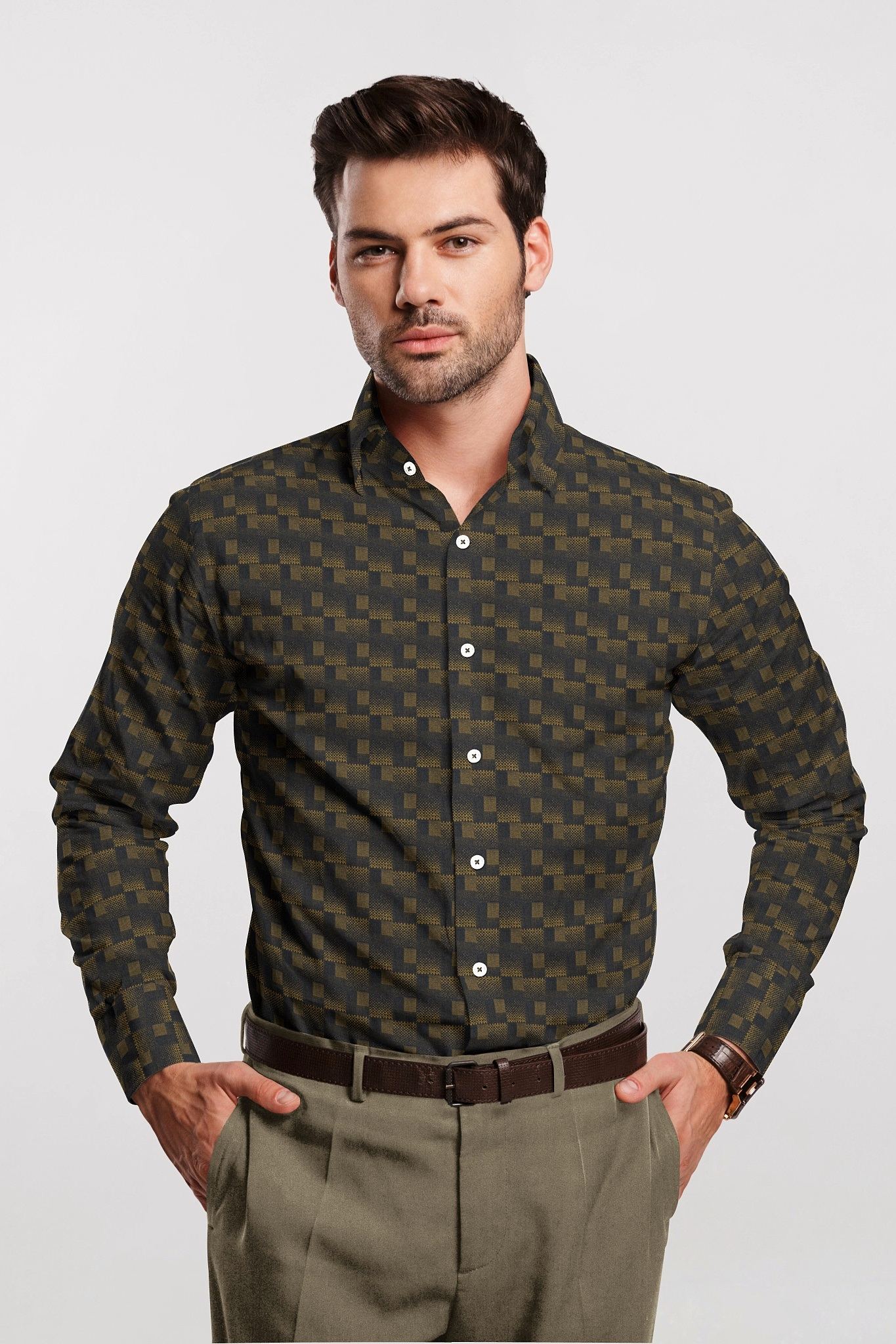Black and Mustard Golden Yellow Square Box Jacquard Print Egyptian Giza Cotton Shirt Plus size Premium Cotton Shirts in India