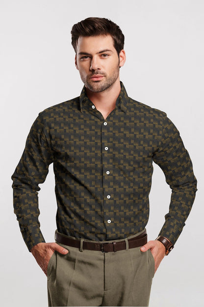Black and Mustard Golden Yellow Square Box Jacquard Print Egyptian Giza Cotton Shirt Plus size Premium Cotton Shirts in India