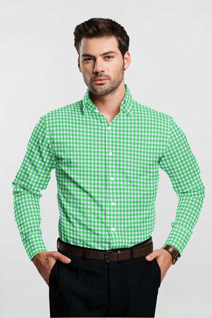 White with Lime Green Gingham Checks Cotton Shirt