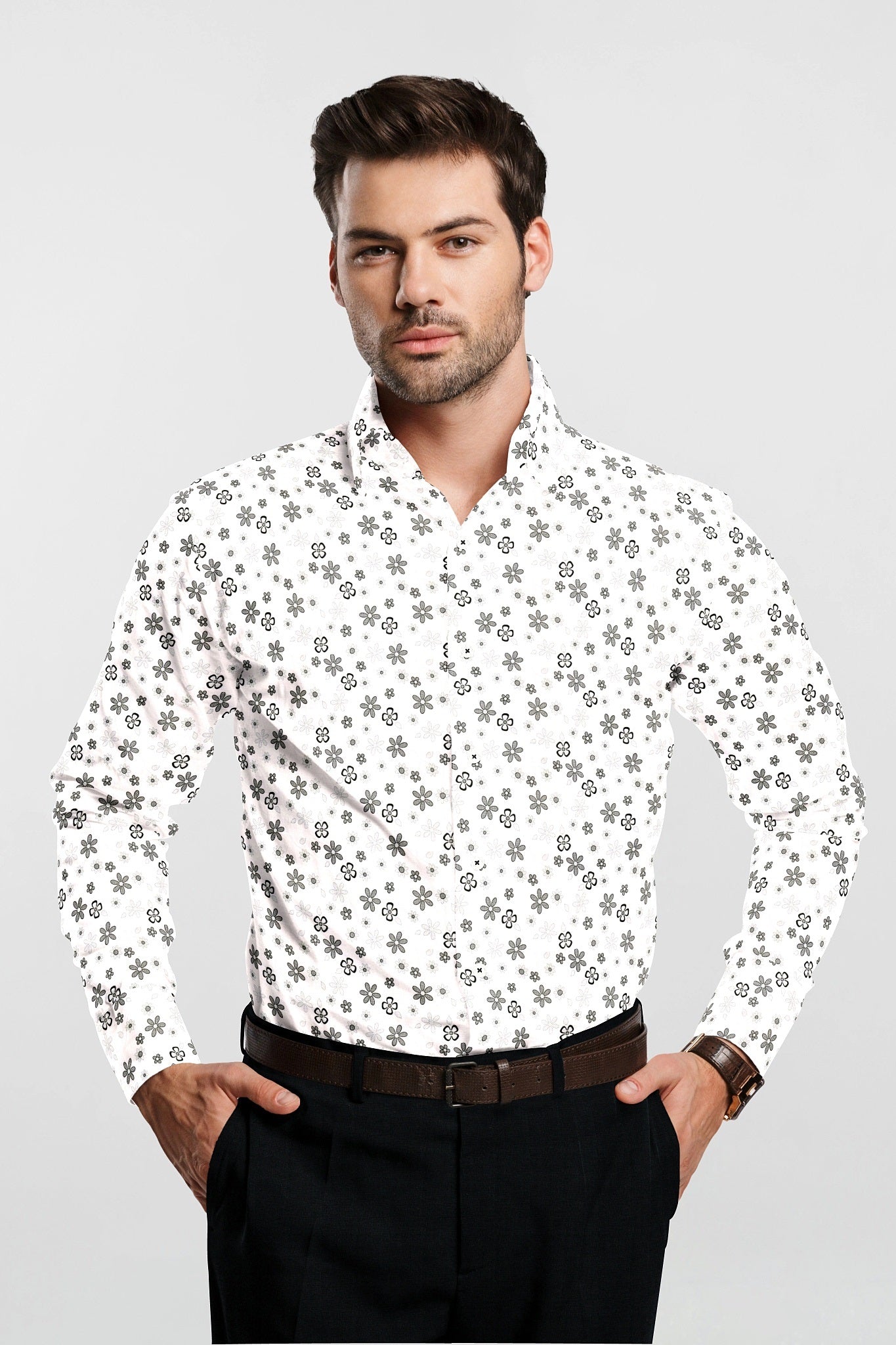 Kollercut-White and Jade Black with Jasmine and Pansy Flower Printed Premium Egyptian Giza Cotton Shirt