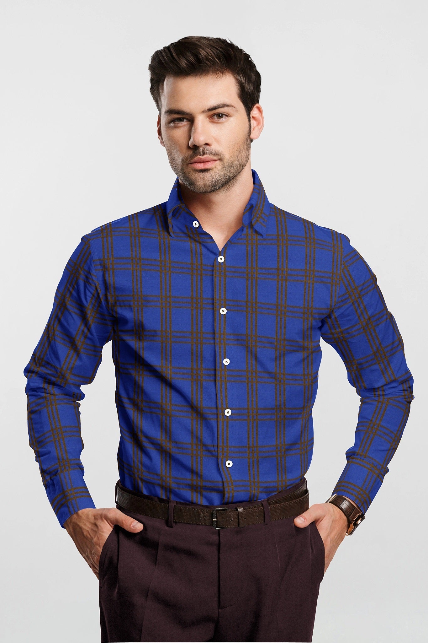 Kollercut-Lapis Blue and Almond Brown Dash Checks Egyptian Giza Cotton Shirt- Mens Formal Cotton Shirt