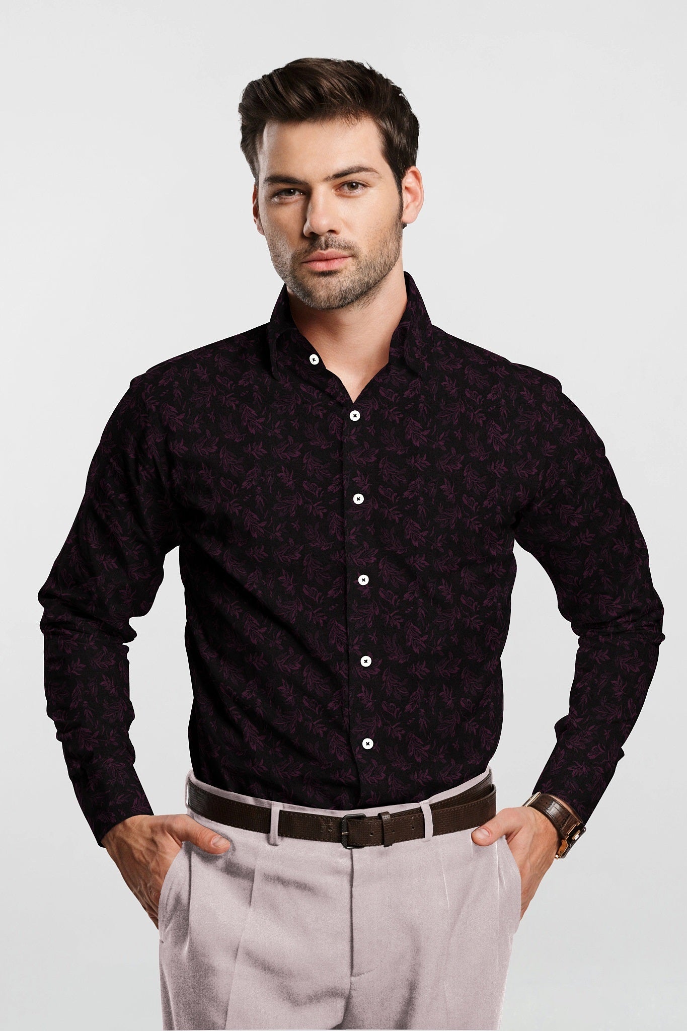 Black and Magenta Purple Sisyrinchium Plant Jacquard Print Giza Cotton Shirt