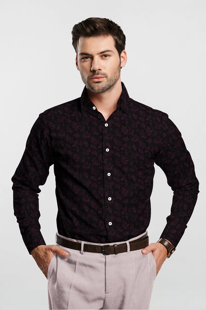 Black and Magenta Purple Sisyrinchium Plant Jacquard Print Giza Cotton Shirt