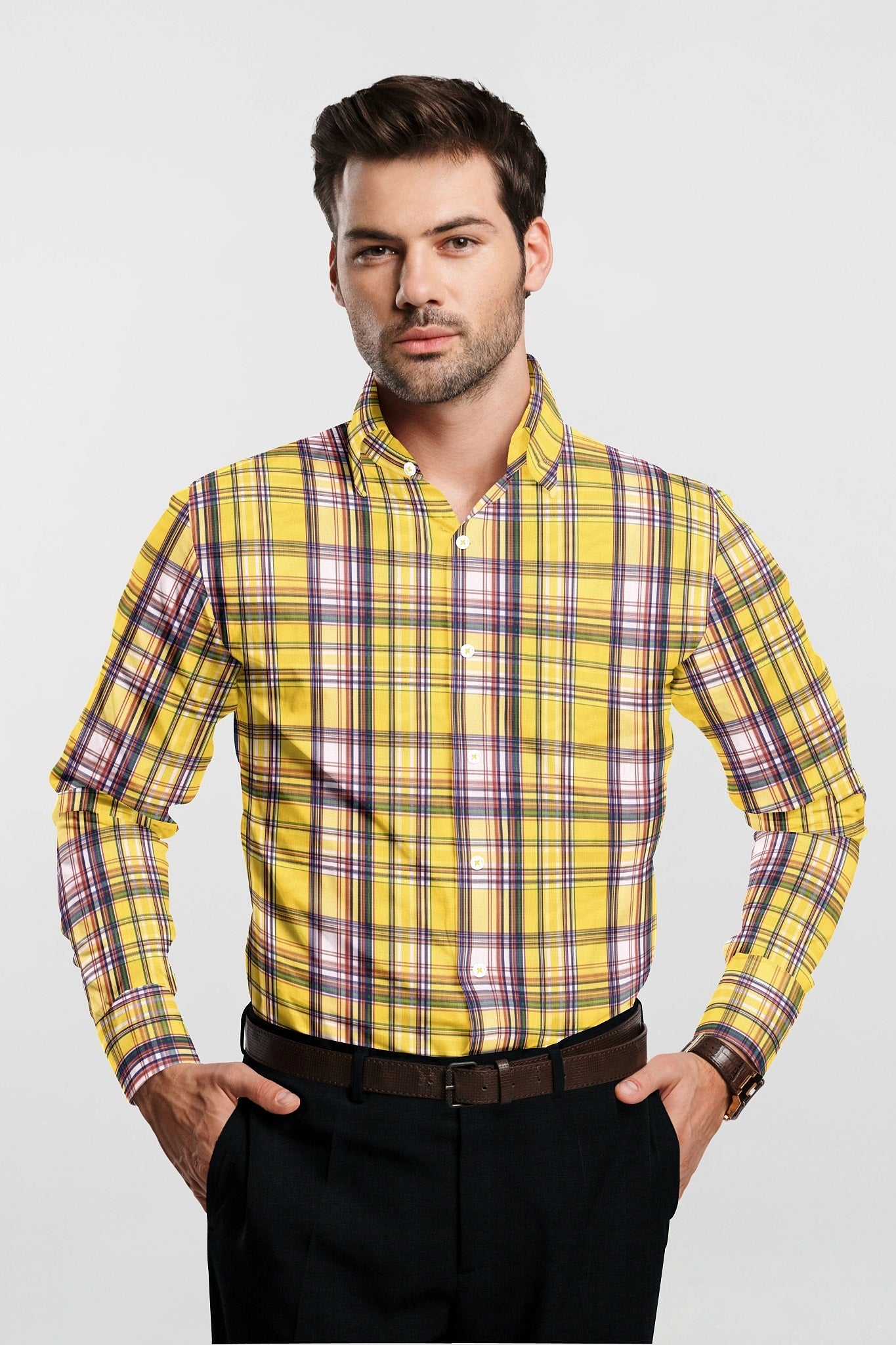 Celandine Yellow with Galaxy Blue and Pear Red Multicolored Checks Cotton Shirt