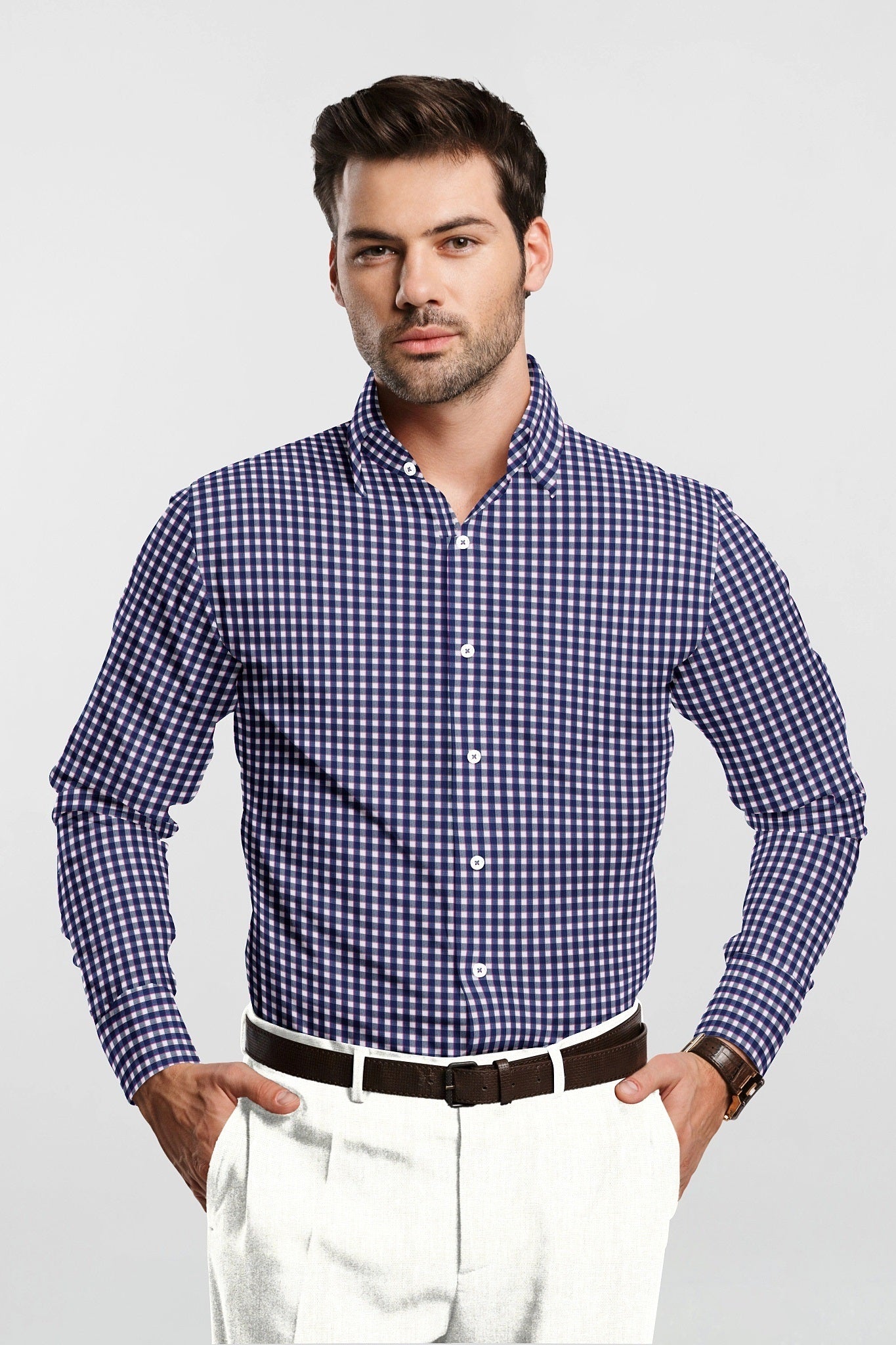 Clematis Blue with White and Magenta Pink Gingham Checks Cotton Shirt