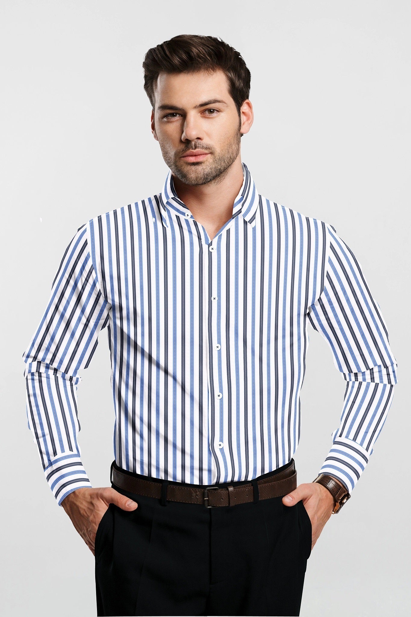 White with Cendre Blue and Colony blue Stripes Cotton Shirt