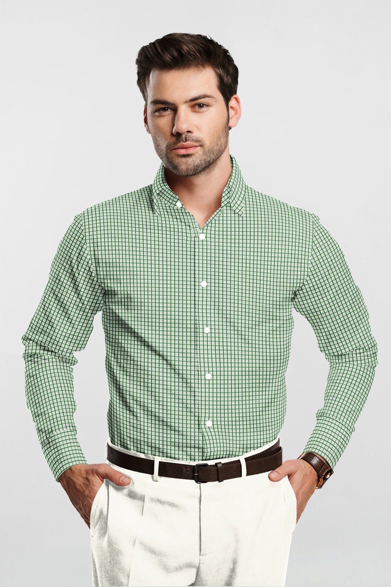 White and Kelly Green Checks Cotton Shirt