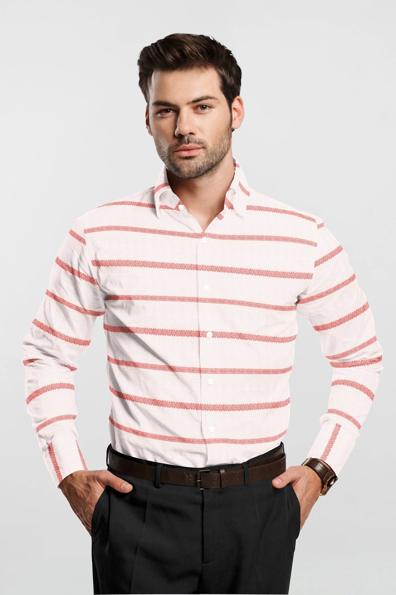 White and Cinnabar Red Jacquard Stripes Linen Shirt